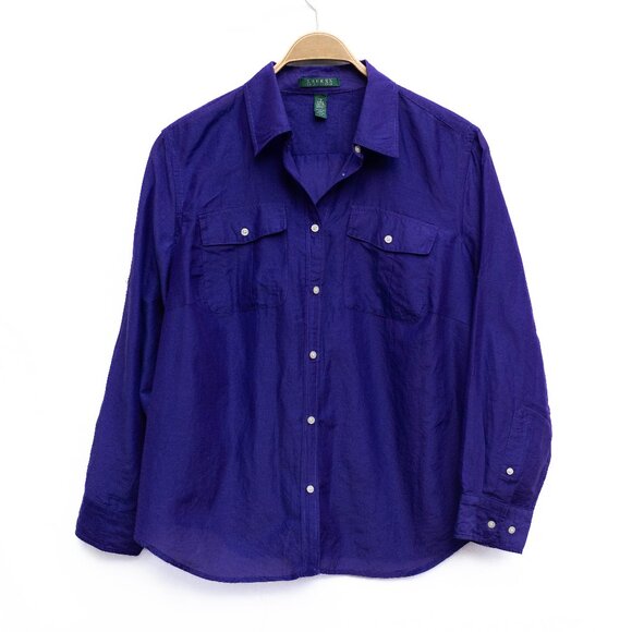 Lauren Ralph Lauren Tops - Ralph Lauren Shirt Women’s 1X Purple Cotton Silk Button Up Blouse Preppy Classic